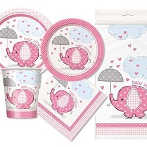 plates napkins and cups in pink with elephant holding umbrella and baby shower message