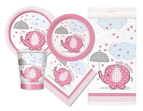 plates napkins and cups in pink with elephant holding umbrella and baby shower message