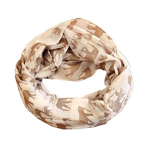 camel color thin scarf with brown elephant repeating pattern