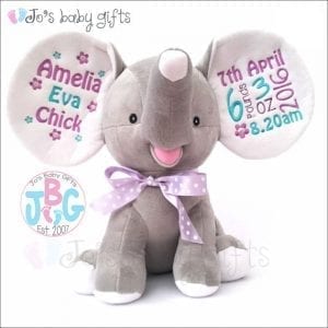 Elephant stuffed animal with personalised baby name